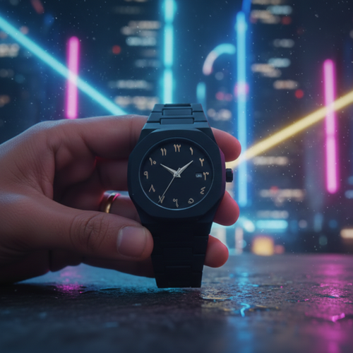 Black Arabic Aura Watch With Eastern Arabic Numerals And Date Elegant Durable Stylish Unique And Modern (Without Box)