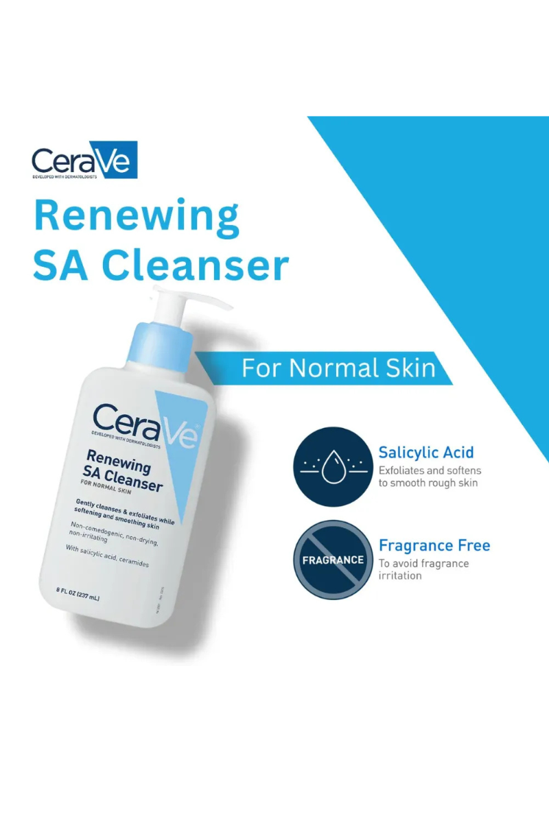 CeraVe Renewing SA Cleanser – Salicylic Acid Face Wash for Normal Skin, Gentle Exfoliating & Fragrance-Free
